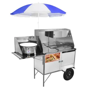 Carrinho 3 em 1 Luxo Branco com Rodas Pneumáticas e Guarda-Sol Cefaz BL28P/GS para Hot Dog, Lanche e Salgado