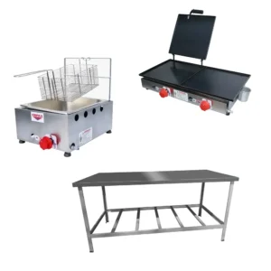 Kit Lanchonete com Mesa de Manipulação 190 x 70 cm, Fritadeira a Gás 1 Cuba e Chapa a Gás 60 cm