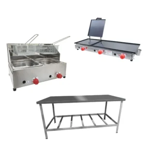 Kit Lanchonete com Mesa de Manipulação 190 x 70 cm, Fritadeira a Gás 2 Cubas e Chapa a Gás 90 cm